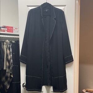 Black Long Open Front Duster with Contrast Piping
